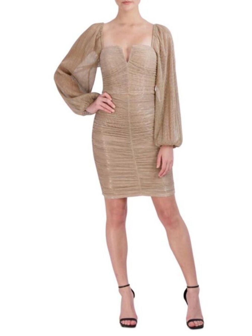 BCBGeneration Shimmery Taupe Ruched Long-Sleeve Cocktail Dress‎